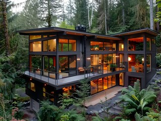 Modern house nestled in forest with balcony