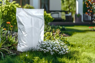 A white bag by a green bush on grass