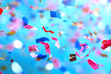 Abstract blue background with multicolored confetti. Advertising goods and services for holidays, creating a festive atmosphere on the website or on social networks