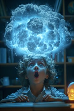 Funny shocked little kid with blue nuclear explosion overhead. Strong surprised emotions of baby pictured with big bang above his head.
