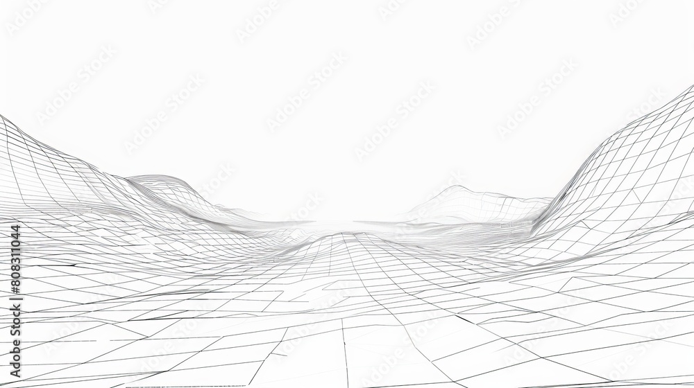Poster an illustration of a wireframe landscape in technology perspective, featuring a vector grid projecti