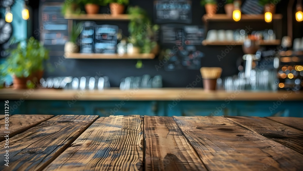 Poster blurry cafe background with wooden table for product display or design layout. concept cafe backgrou