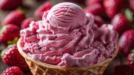   Ice cream on waffle cone with raspberries
