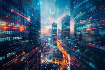 Fototapeta premium Background of modern glass skyscrapers with rays and glare of the sun