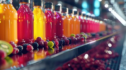 Berry and fruit juices on a conveyor belt. Automatic juice production. Generative AI realistic