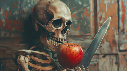 A skeleton of a person bitting on an apple, made with AI