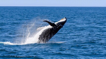 Naklejka premium Oceanic Majesty: A Powerful Humpback Whale Breaches, Highlighting Marine Grandeur (Conservation Call)