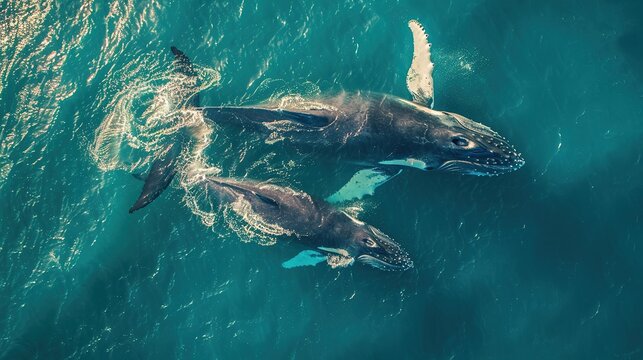 Humpback whale and calf aerial drone shot sleeping on the surface of the ocean in Australia, New South Wales.