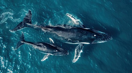 Fototapeta premium Humpback whale and calf aerial drone shot sleeping on the surface of the ocean in Australia, New South Wales.