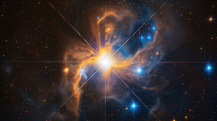  bright, blue and orange star is centered in the frame against an expanse of stars,  nebula cloud with swirling gas and dust around it, with several stars shining brightly in the background - Powered by Adobe