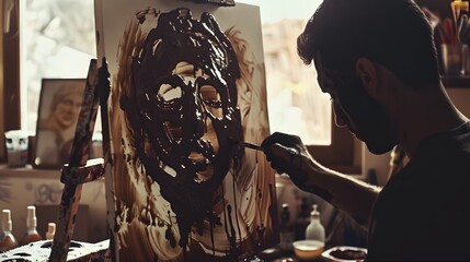 A zombie artist painting a portrait with melted chocolate