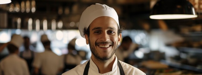 Young, male chef with a cheerful smile stands proudly in a busy restaurant kitchen, showcasing...