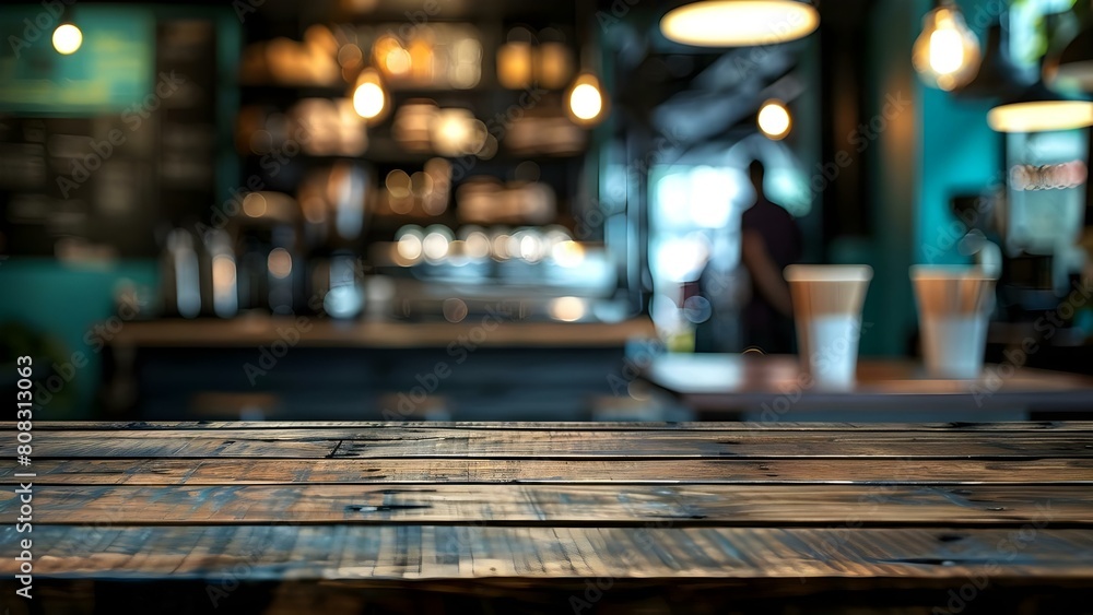 Aufkleber cafe background with wooden table for product display or design layout in soft focus. concept produc