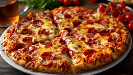 Ham and Cheese Pizza Served on a White Plate with Tea and Cherry Tomatoes. Concept Food Photography, Gourmet Dishes, Culinary Creations, Food Styling, Delicious Props