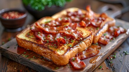 French toast topped with crispy bacon and sprinkled with chopped chives