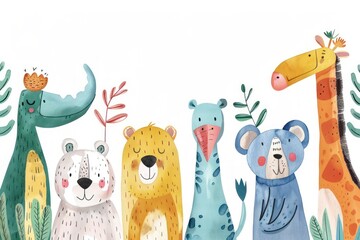 A group of cartoon animals, including a giraffe, are standing next to each other