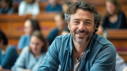 Fototapeta premium Happy mature student in lecture hall looking at camera.