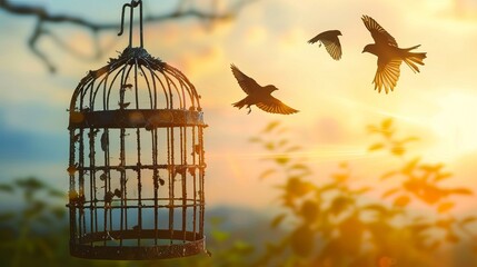 Depicting little birds escaping from a birdcage, this illustration symbolizes the concept of freedom.