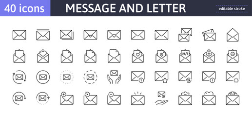 Message and letter 40 line icons set. Mail, note, document, writing, communication sign or symbol. Isolated on a white background. Pixel perfect. Editable stroke. 64x64.