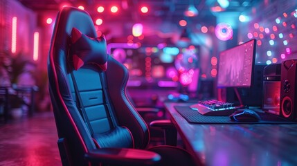 Computer and keyboard armchair, blue and red lights, blurred background. Concept for online eSports...