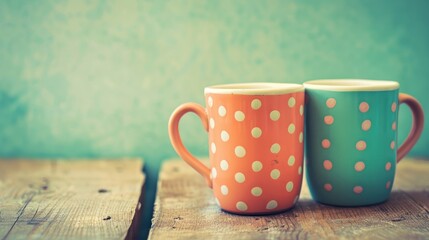 Two colorful coffee cups with polka dots on them sit on a wooden table - Powered by Adobe
