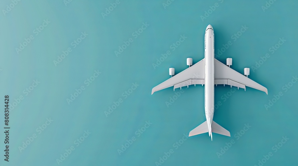 Poster flat lay design featuring a white plane on a blue background with copy space. 3d rendering.