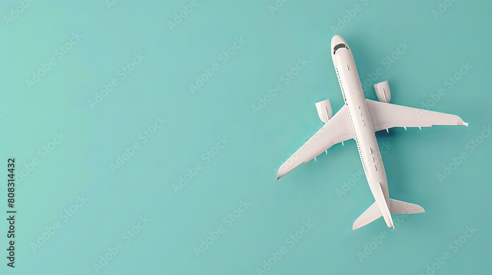 Poster flat lay design featuring a white plane on a blue background with copy space. 3d rendering.