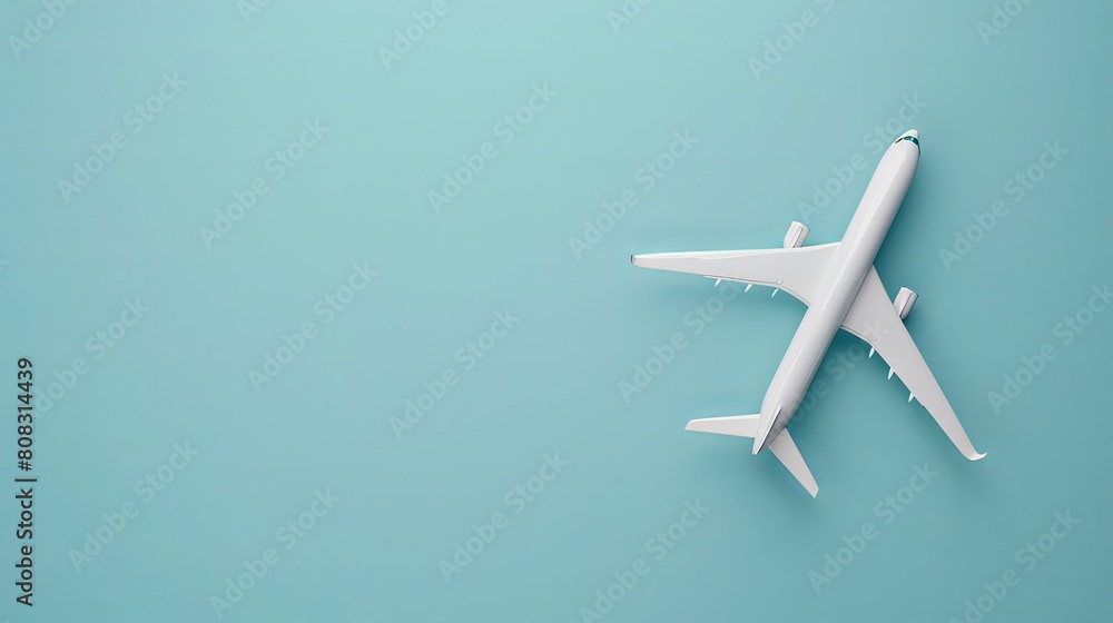 Poster flat lay design featuring a white plane on a blue background with copy space. 3d rendering.