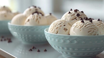   A detailed image of an ice cream bowl containing chocolate chips both on top and below it - Powered by Adobe