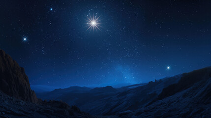 Brightest Sirius star shines in the night sky over an ancient mountain landscape, symbolizing Jesus' birth and Christmas, with other stars visible in the background