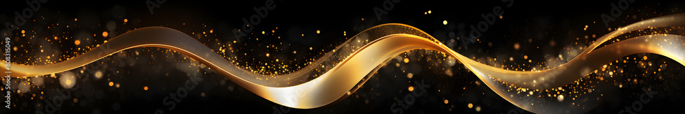 Poster Gold wave with sequins in black background space. Black large format banner