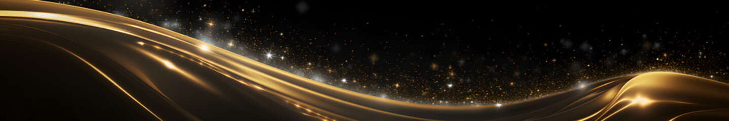 Gold wave with sequins in black background space. Black large format banner