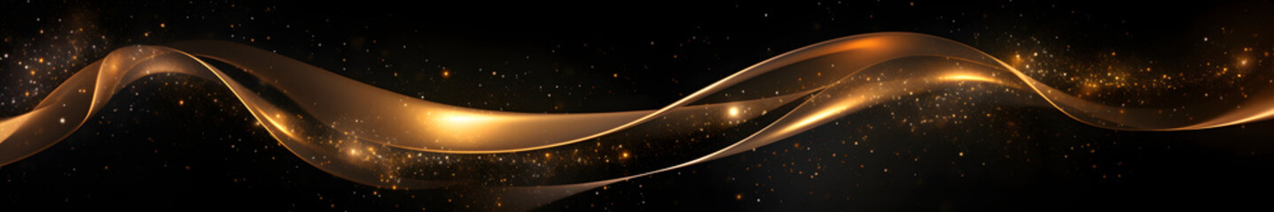 Gold wave with sequins in black background space. Black large format banner