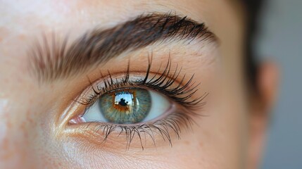 Female eyes with long lashes. Eyelash extension procedure.