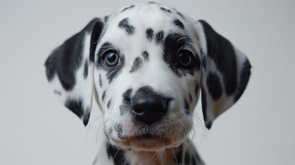  A Dalmatian dog looks sad in a close-up shot with its face facing the camera