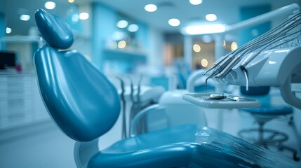 A banner with a dentist's room in the background. Closeup of various dental instruments and tools, blue tone.