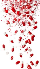 Red and white pills falling down on white background.