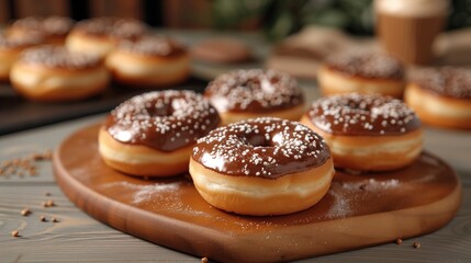 Tasty donuts with chocolate glaze on wooden board, closeup. National Donut Day