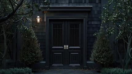 Black front door of black house with trees realistic