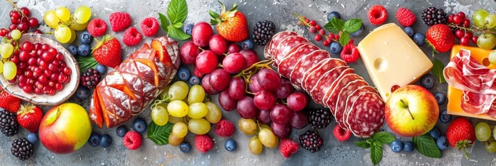 Spanish inspired charcuterie board with jamon, pork sausage, fuet, cheese, and berries