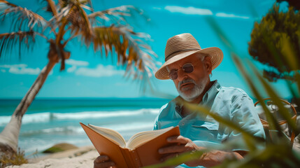 Hombre mayor leyendo un libro en la playa - obrazy, fototapety, plakaty