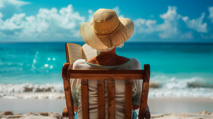 Mujer mayor leyendo un libro en la playa - obrazy, fototapety, plakaty