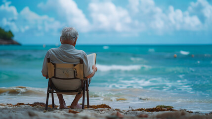 Hombre mayor leyendo un libro en la playa - obrazy, fototapety, plakaty