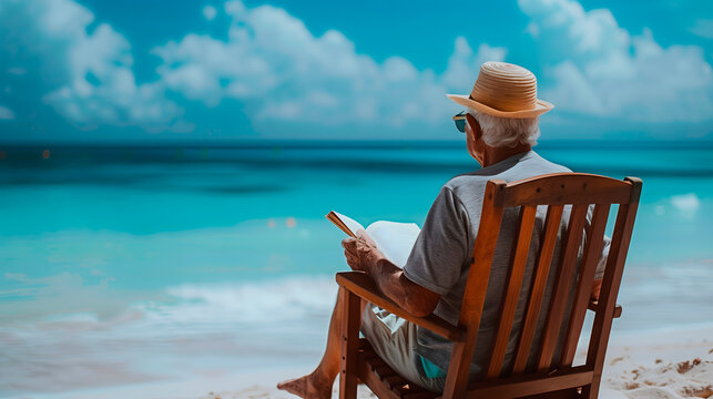 Hombre mayor leyendo un libro en la playa