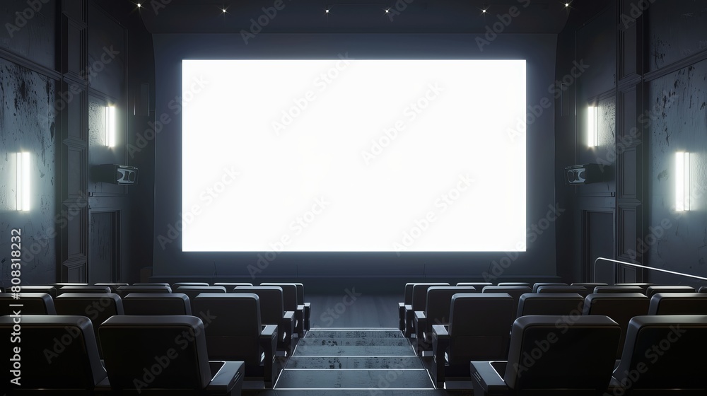 Poster this 3d rendering displays a large empty cinema screen with rows of seats, serving as a mockup.