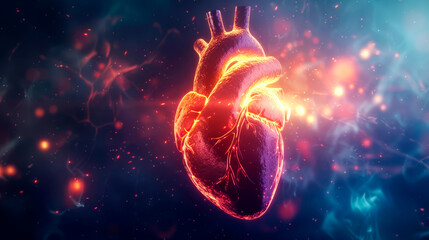 Life glowing inside human heart, heart pulse concept. A striking 3D illustration of a human heart glowing with light, set against a dynamic cosmic backdrop with floating particles.