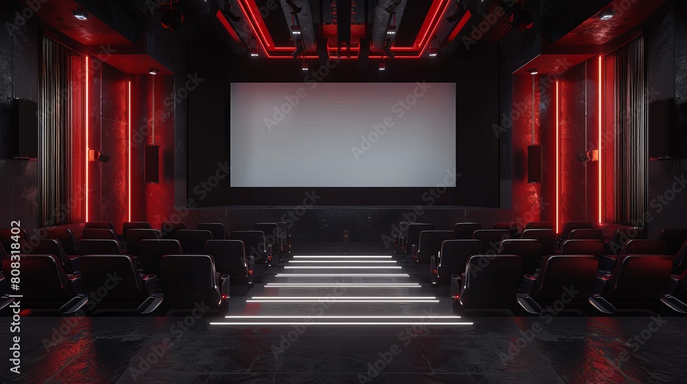 Poster the front view of a cinema with a blank screen is presented in this 3d rendering, serving as a mocku