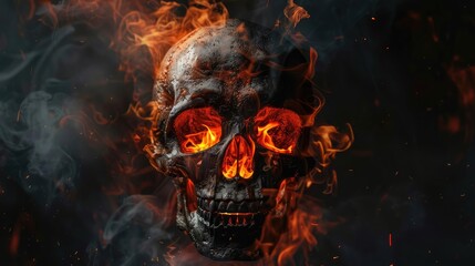 black skull with fire on black background realistic