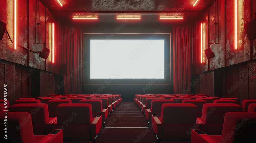 Poster the front view of a cinema with a blank screen is presented in this 3d rendering, serving as a mocku