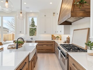 Fototapeta premium A kitchen with a white counter and a sink